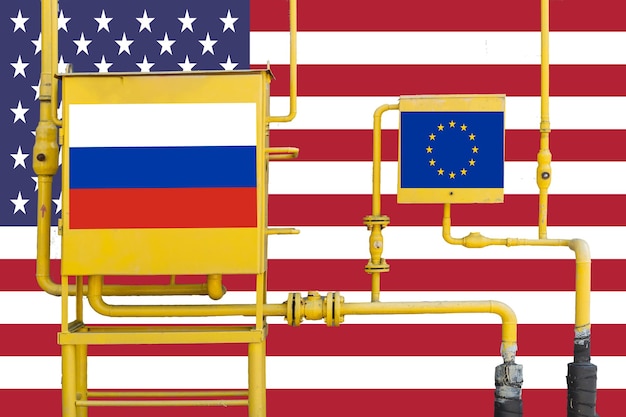 Gas station with Russian and EU flags Gas supply concept