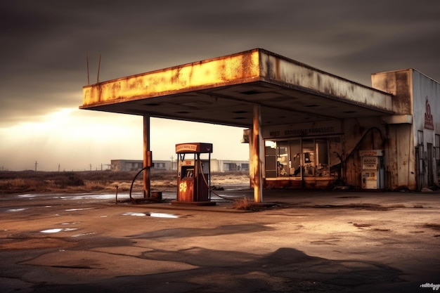 A gas station with a rusty roof and a rusty roof.