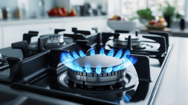 Gas stove burner with blue flame in modern kitchen background