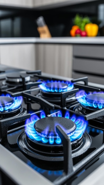 Gas stove burner with blue flame in modern kitchen background