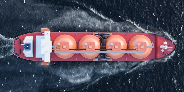 Gas tanker sailing in ocean top view 3D rendering