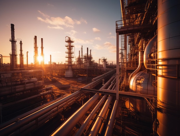 A gas turbine power plant an oil refinery pipes oil storage facilities against the background of the blue sky at sunset the golden hour