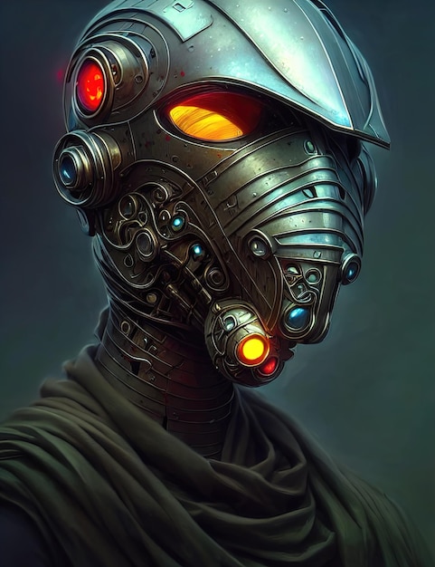 Gasmask steampunk portrait of a robot cyborg in a cyberpunk mask A steel helmet on his head glowing eyes of a steampunk humanoid gas mask 3d illustration