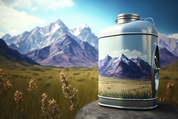 Gasoline canister with rolling view of mountain range in the background