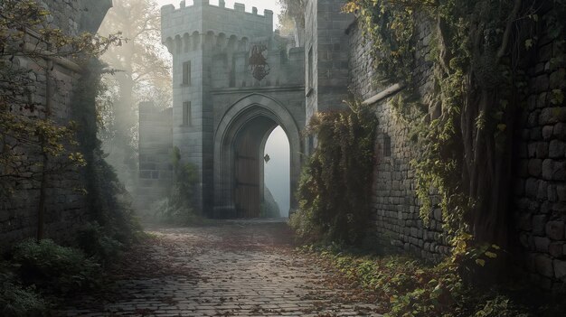 Photo gate of an abandoned ancient castle against the background of the sky and forest