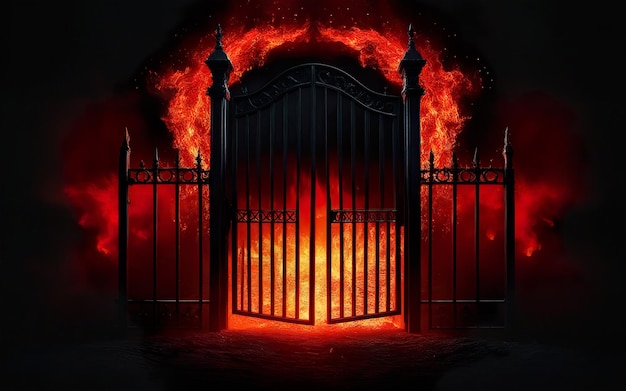 Photo gate on fire fiery flame symbol of hell