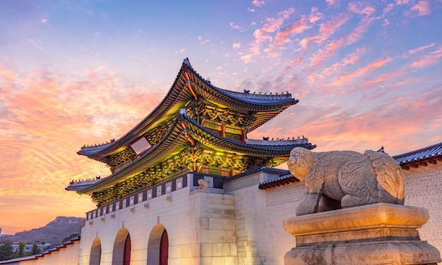 The Gate of Gyeongbokgung palace at twilight in Seoul, South Korea