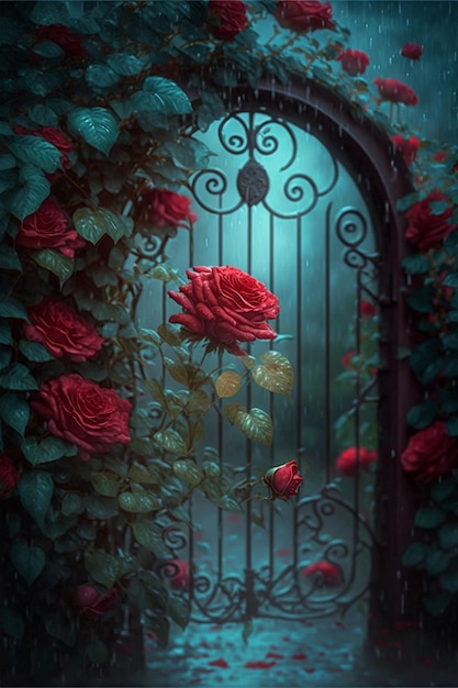 Gate that has a bunch of red roses on it generative ai