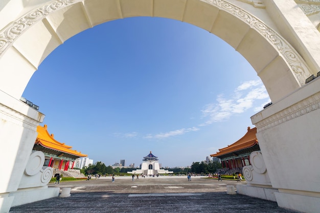 Gate view at the Archway of CKS Chiang Kai Shek Memorial Hall Tapiei Taiwan The meaning of the Chinese text on the archway is Liberty Square