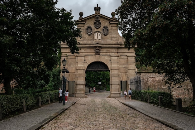 Gate to the Vyshehrad fortress (Nova brana) at rainy day, Prague, Czech Republic, Europe