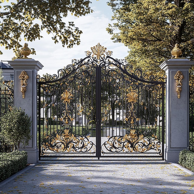 Photo a gate with a gold leaf on it is open to a garden