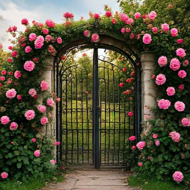 Photo a gate with roses on it is surrounded by a stone wall