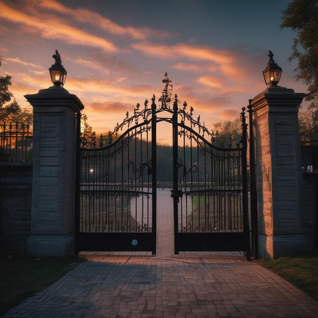 Photo a gate with a sunset behind it and the word  welcome  on the bottom