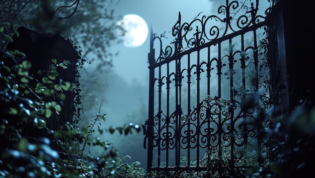 Gates against moonlight in a foggy night The concept of secrecy and isolation