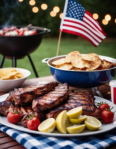 Photo gather friends and family for a delightful july bbq filled with grilled ribs fresh strawberries and crunchy chips a backdrop of twinkling lights and american flag adds to the festive spirit ai