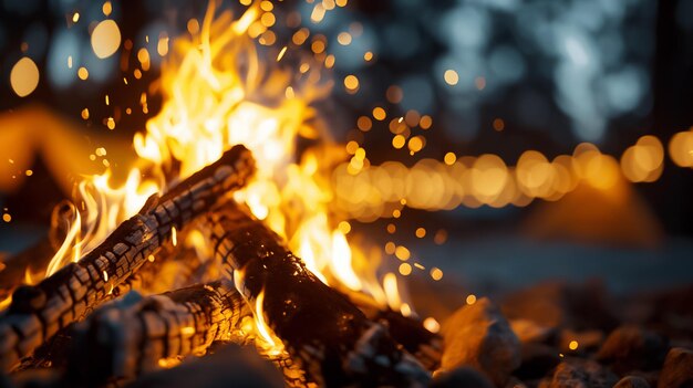 Photo gathered around a warm campfire friends enjoy a summer evening in the woods surrounded by twinkling lights and the sounds of nature