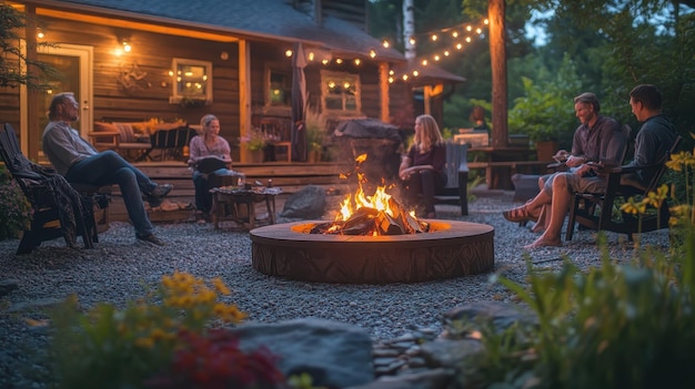 Gathering Around Fire Pit After Barbecue Dinner