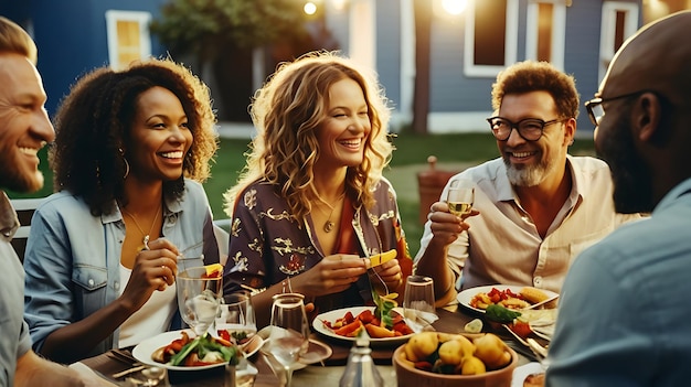 A Gathering of Diverse Ethnic Individuals Dining at an Outdoor Dinner Party