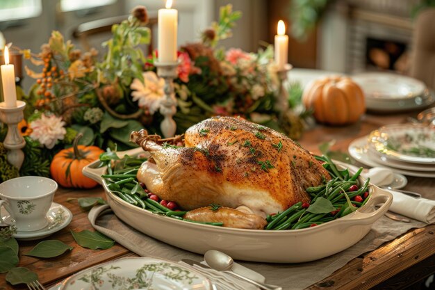 The gathering food and roasted chicken on the table