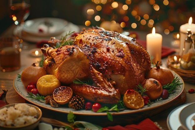 The gathering food and roasted chicken on the table