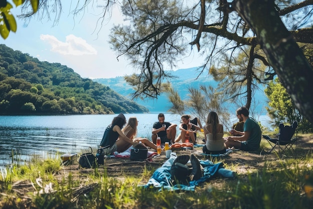 Photo a gathering of friends enjoying a peaceful lakeside picnic surrounded by natural beauty aig62