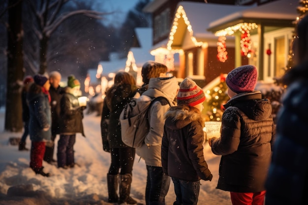 A gathering of individuals standing together on a street covered in snow Children and adults caroling in a snowy neighborhood for Christmas AI Generated