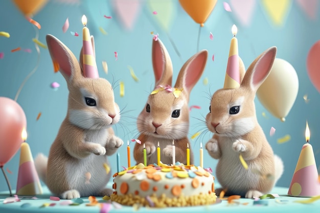 A gathering of rabbits sitting side by side in front of a cake Cute rabbit family celebrating a birthday with carrot cake AI Generated