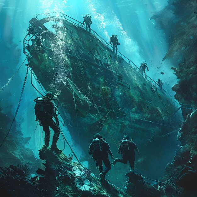 A gathering of scuba jumpers examining a lowered wreck enveloped by marine life