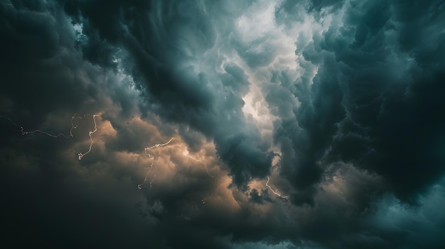 Gathering stormy sky with dark clouds and dazzling lightning bolts overhead