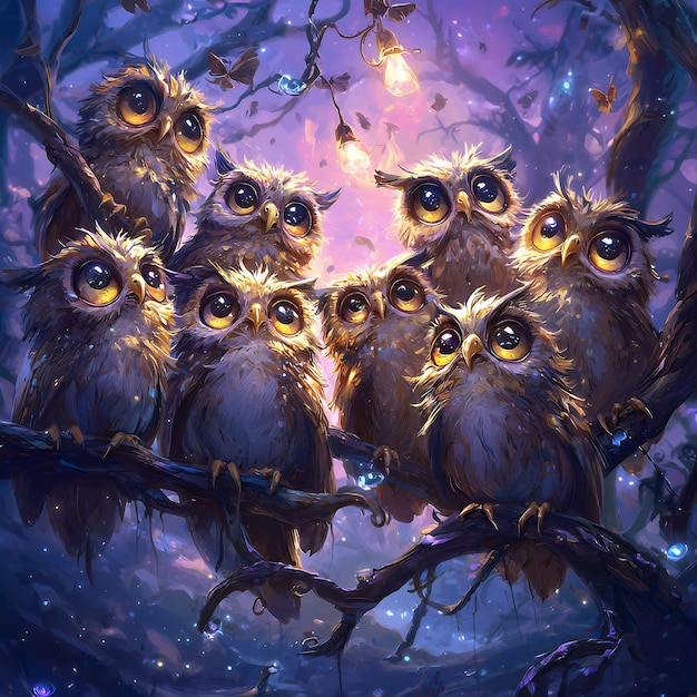 Photo a gathering of wise owls in a magical forest