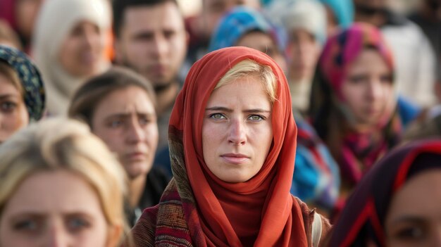 A gathering of women in colorful scarves stands together outdoors displaying a striking sense of community and diversity as they participate in a cultural event in the evening light