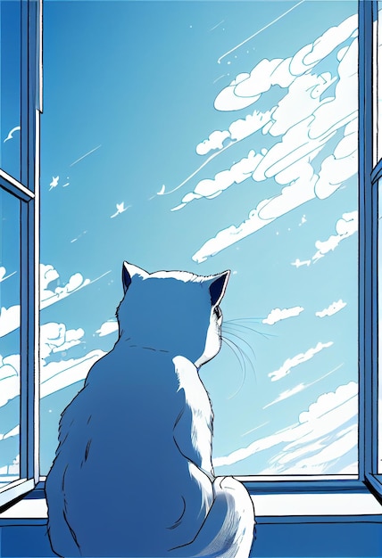 Gato manga anime, comic, mirando por la ventana