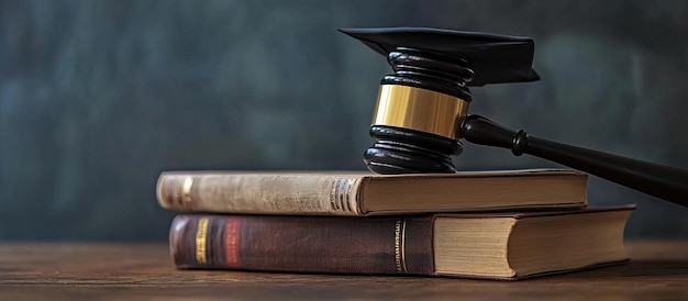 Photo gavel and books on a wooden table