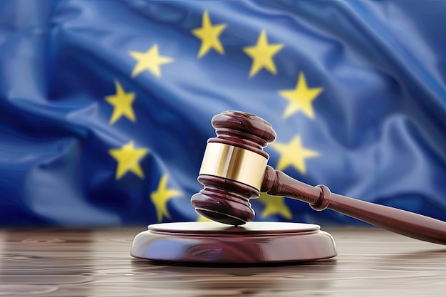 Photo gavel in front of eu flag symbolizing european legal system