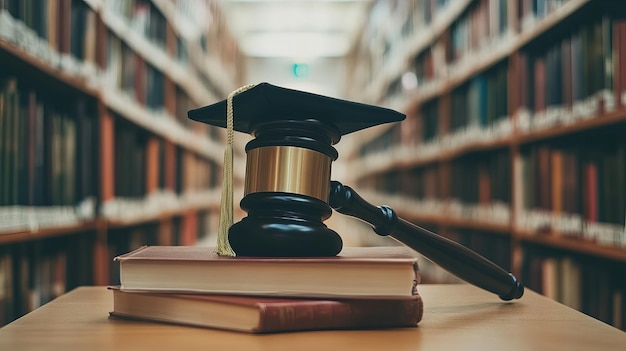 Photo gavel graduation cap and books in a library