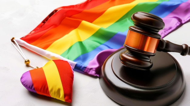 Photo gavel and heartshaped rainbow flag on a white background representing lgbtq rights and legal equality symbolizing justice and support for the community