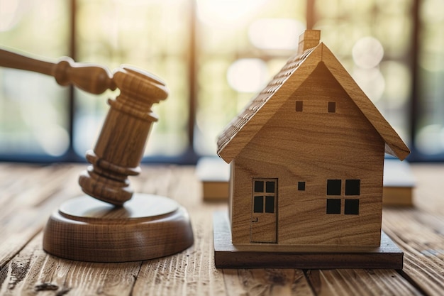 Photo gavel and house model on wooden table