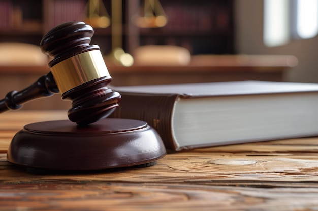 a gavel is on a table with a bible in the background