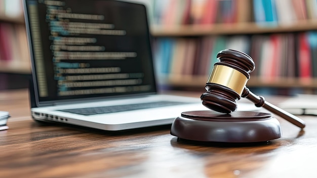 Photo gavel and laptop on wooden desk