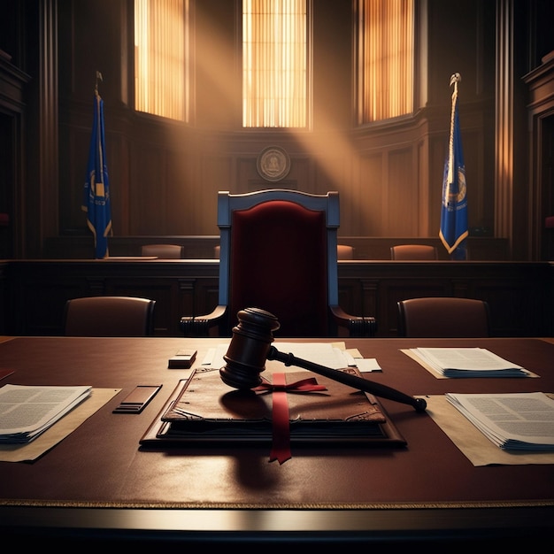 Photo gavel and legal document on a judges desk in a courtroom