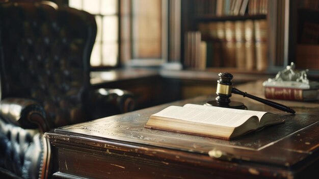 Photo gavel open book and chair on a wooden desk