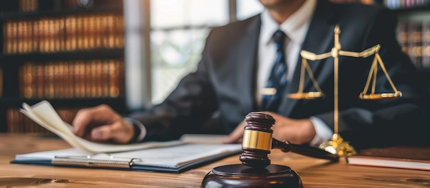 Gavel Scales of Justice and Lawyer Reviewing Documents