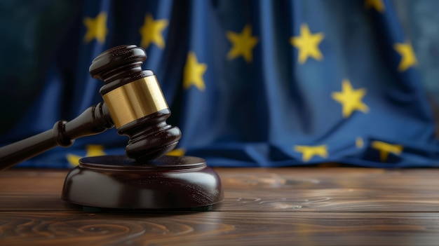 Gavel and scales symbolize justice under EU flag