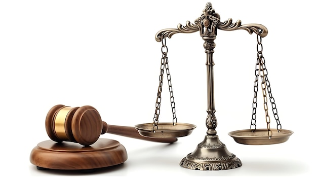 A gavel sits in front of a scale both on a wooden desk but isolated on plain white background