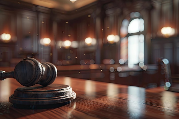 Photo gavel on table with courtroom background in blur