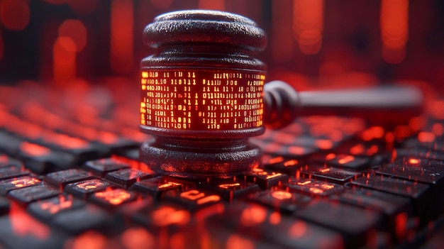 Photo a gavel with binary code symbols placed on a glowing keyboard representing cyber law and justice