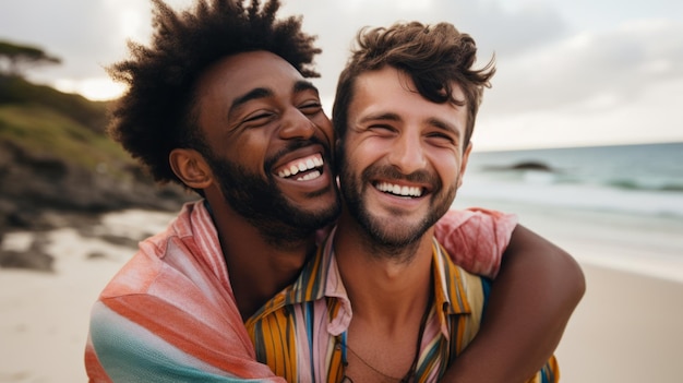 A gay couple is having fun on vacation by the sea Two smiling happy men hugging fooling around on the beach during the summer holidays