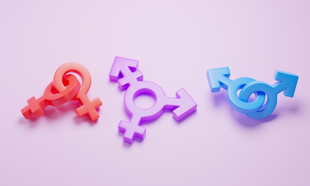 Gay couple lesbian couple and transgender couple Gender symbols of man woman and transgender 3d render