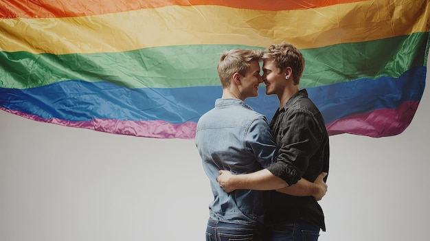 Photo gay couple standing in front of an lgbtq pride flag in a studio