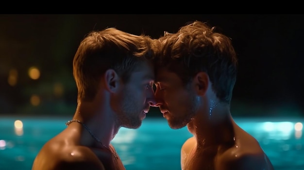 Gay couple unwinding in the pool at night LGBT Two young males cuddling and kissing one other Generative AI young males with romantic families